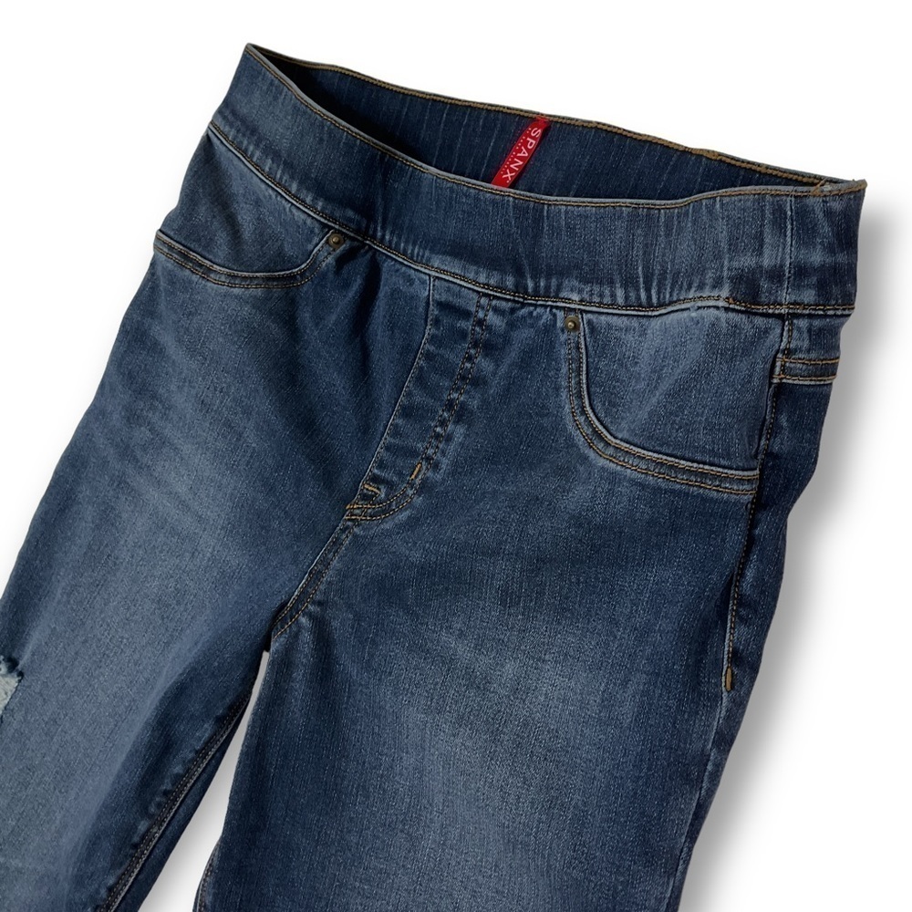 Spanx Distressed Skinny Released Hem Dark Wash Jeggings Sz M - Picture 5 of 12
